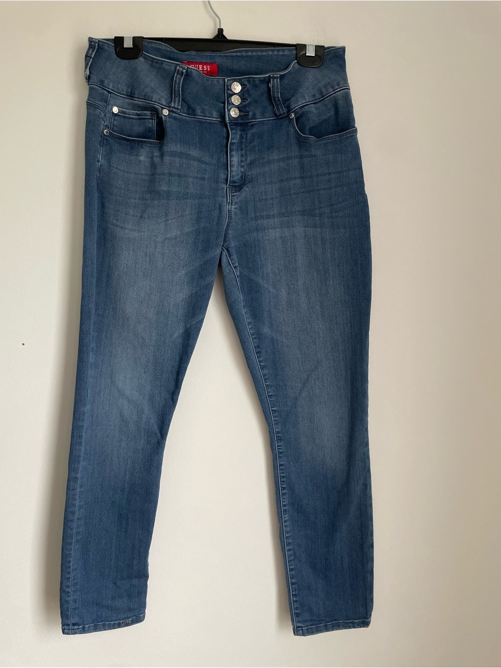 Guess Stretchy High Rise Skinny Crop Jeans Three Button Medium Wash 30" Waist